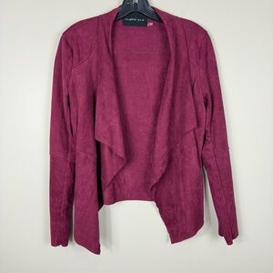 Faux Suede Women Small Jacket Asymmetrical Boho Long Sleeve Red Burgundy